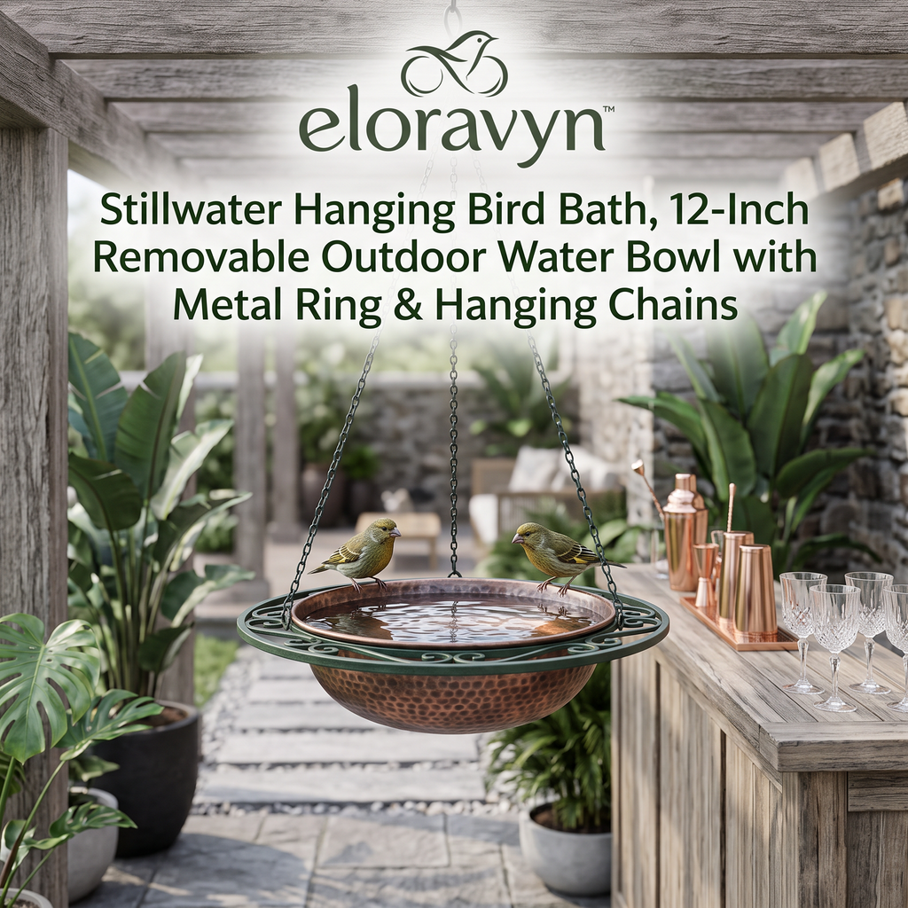 eloravyn™ Stillwater Hanging Bird Bath, 12-Inch Removable Outdoor Water Bowl with Metal Ring & Hanging Chains