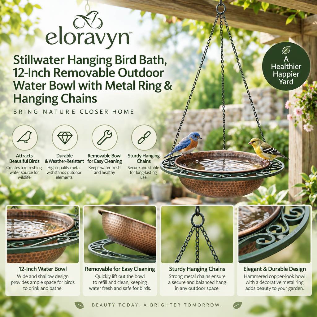 eloravyn™ Stillwater Hanging Bird Bath, 12-Inch Removable Outdoor Water Bowl with Metal Ring & Hanging Chains