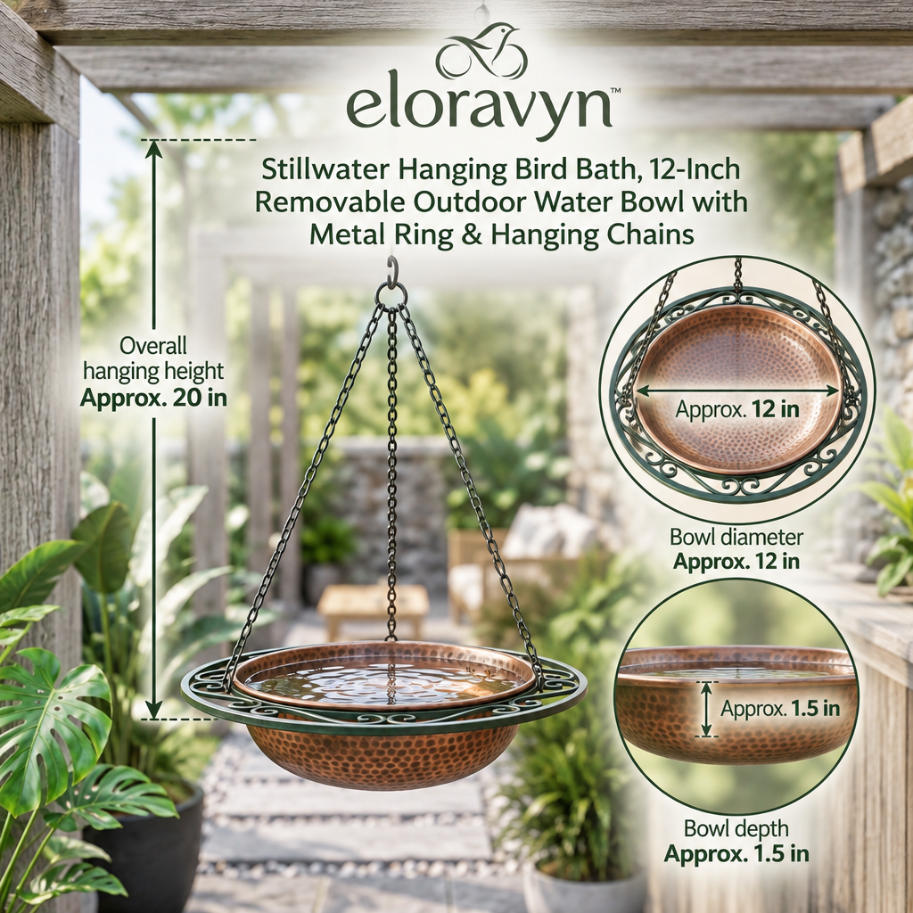 eloravyn™ Stillwater Hanging Bird Bath, 12-Inch Removable Outdoor Water Bowl with Metal Ring & Hanging Chains
