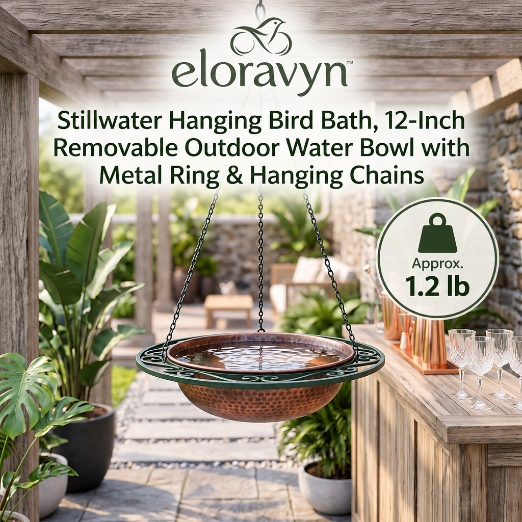 eloravyn™ Stillwater Hanging Bird Bath, 12-Inch Removable Outdoor Water Bowl with Metal Ring & Hanging Chains