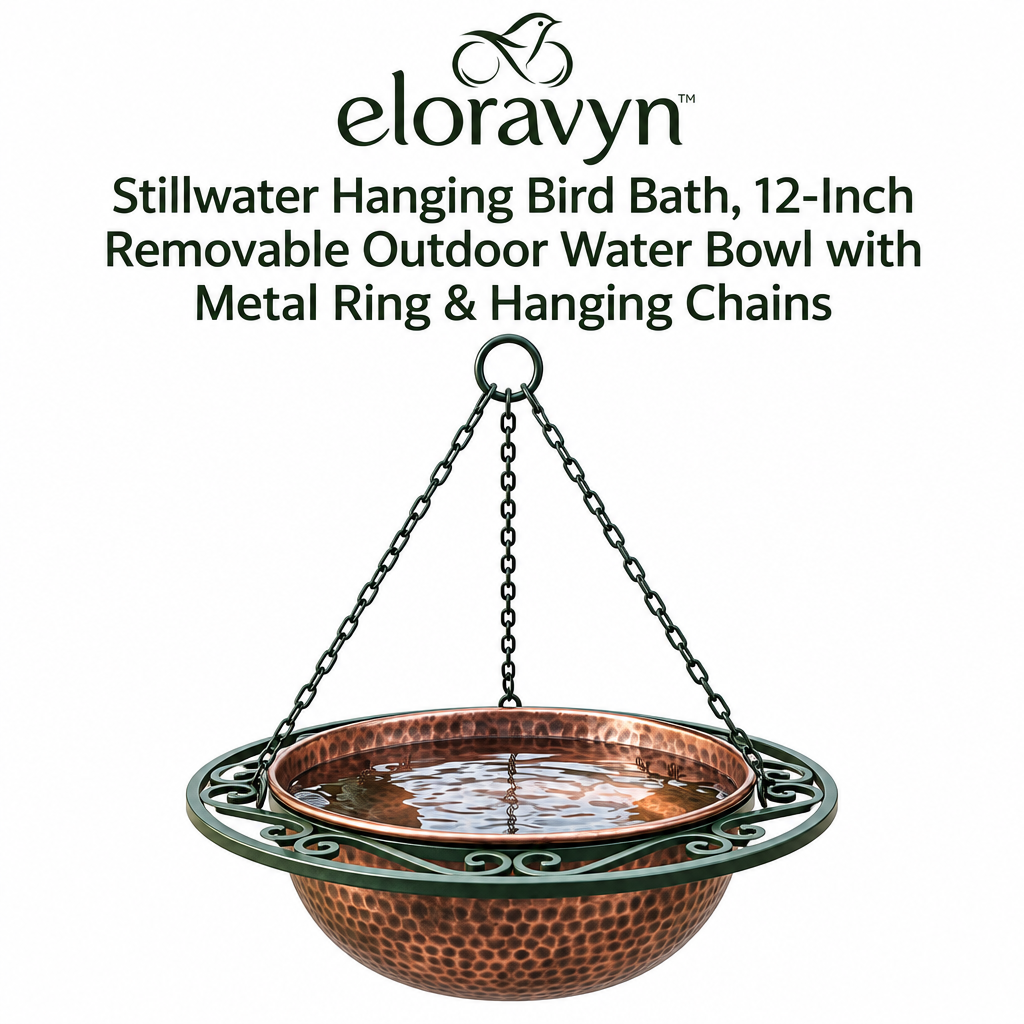 eloravyn™ Stillwater Hanging Bird Bath, 12-Inch Removable Outdoor Water Bowl with Metal Ring & Hanging Chains