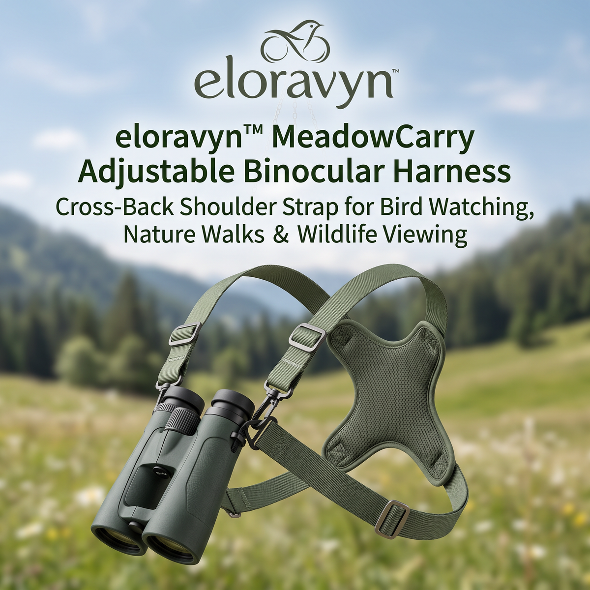 eloravyn™ MeadowCarry Adjustable Binocular Harness, Cross-Back Shoulder Strap for Bird Watching, Nature Walks & Wildlife Viewing