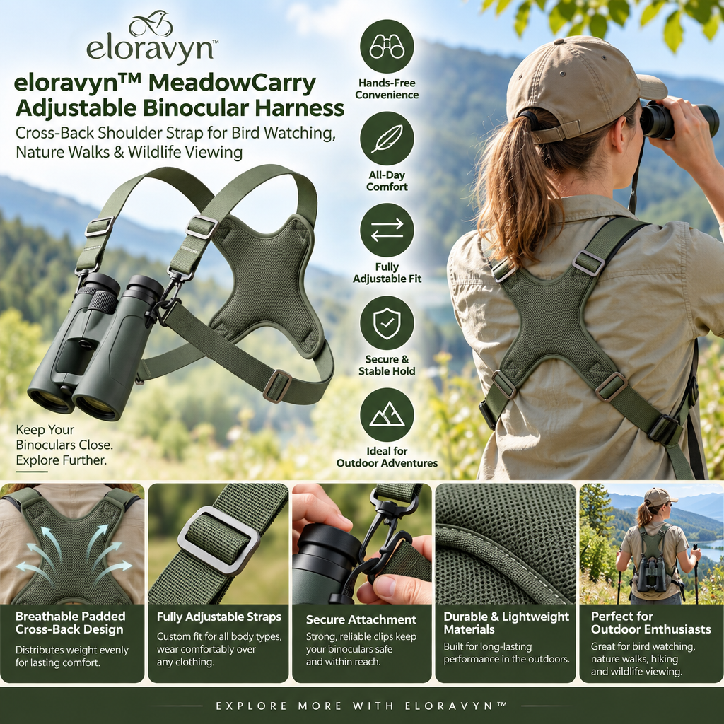 eloravyn™ MeadowCarry Adjustable Binocular Harness, Cross-Back Shoulder Strap for Bird Watching, Nature Walks & Wildlife Viewing