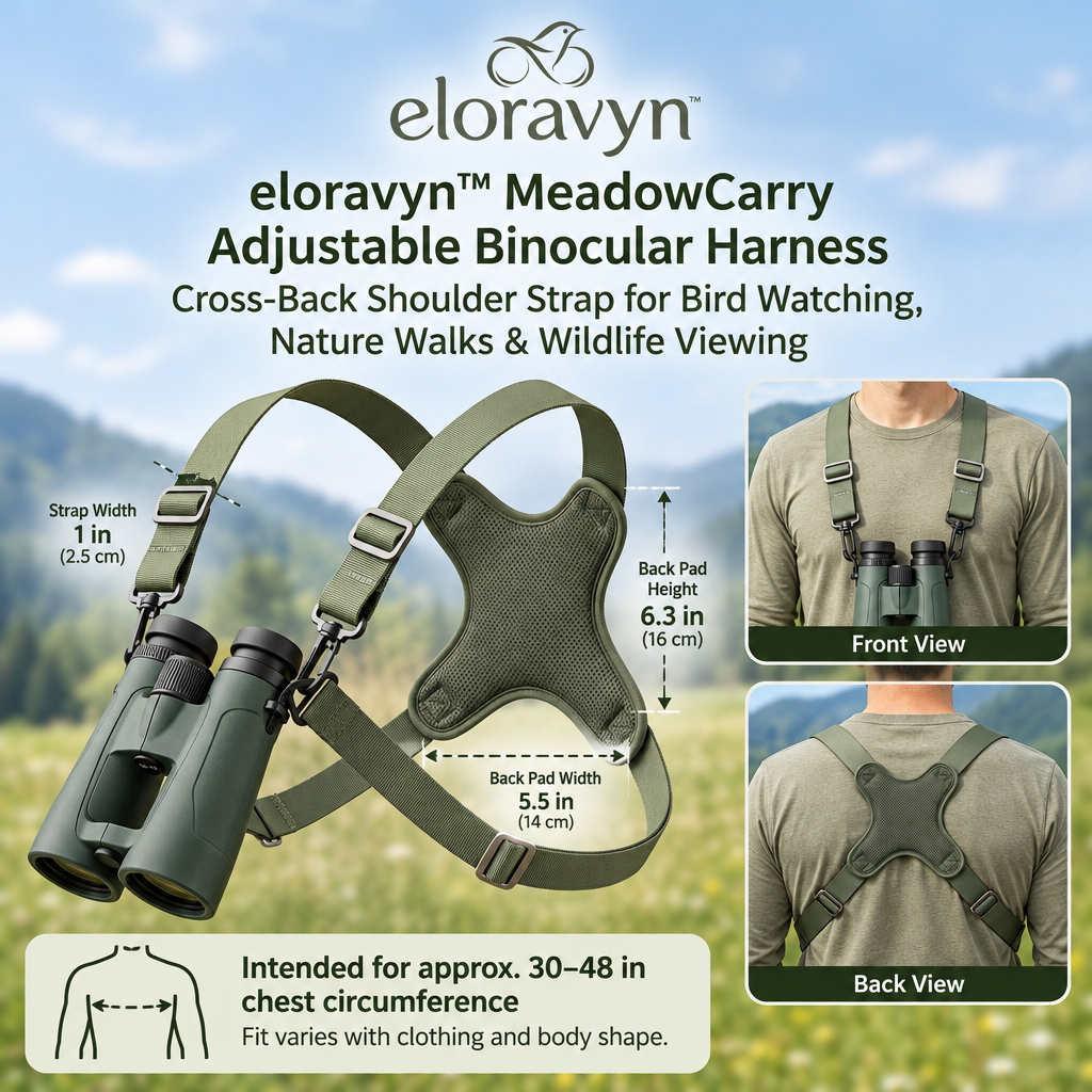 eloravyn™ MeadowCarry Adjustable Binocular Harness, Cross-Back Shoulder Strap for Bird Watching, Nature Walks & Wildlife Viewing