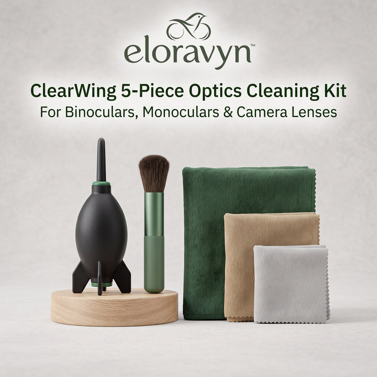 eloravyn™ ClearWing 5-Piece Optics Cleaning Kit for Binoculars, Monoculars & Camera Lenses, Air Blower, Soft Brush & Microfiber Cloths