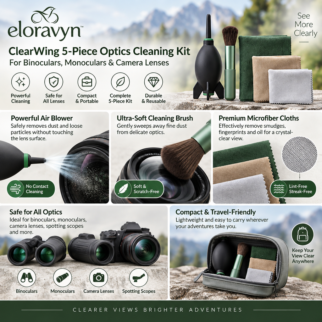 eloravyn™ ClearWing 5-Piece Optics Cleaning Kit for Binoculars, Monoculars & Camera Lenses, Air Blower, Soft Brush & Microfiber Cloths