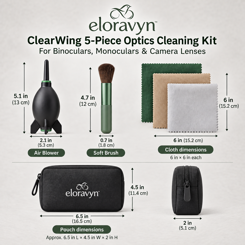eloravyn™ ClearWing 5-Piece Optics Cleaning Kit for Binoculars, Monoculars & Camera Lenses, Air Blower, Soft Brush & Microfiber Cloths