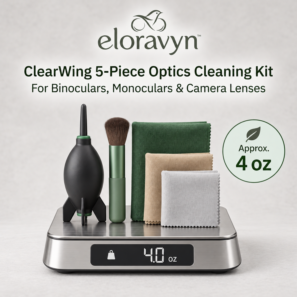 eloravyn™ ClearWing 5-Piece Optics Cleaning Kit for Binoculars, Monoculars & Camera Lenses, Air Blower, Soft Brush & Microfiber Cloths