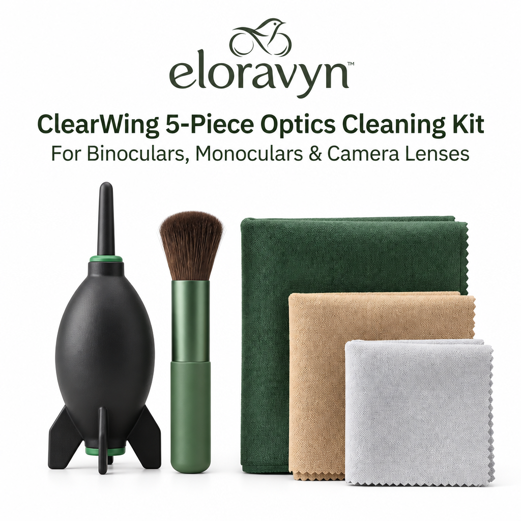 eloravyn™ ClearWing 5-Piece Optics Cleaning Kit for Binoculars, Monoculars & Camera Lenses, Air Blower, Soft Brush & Microfiber Cloths