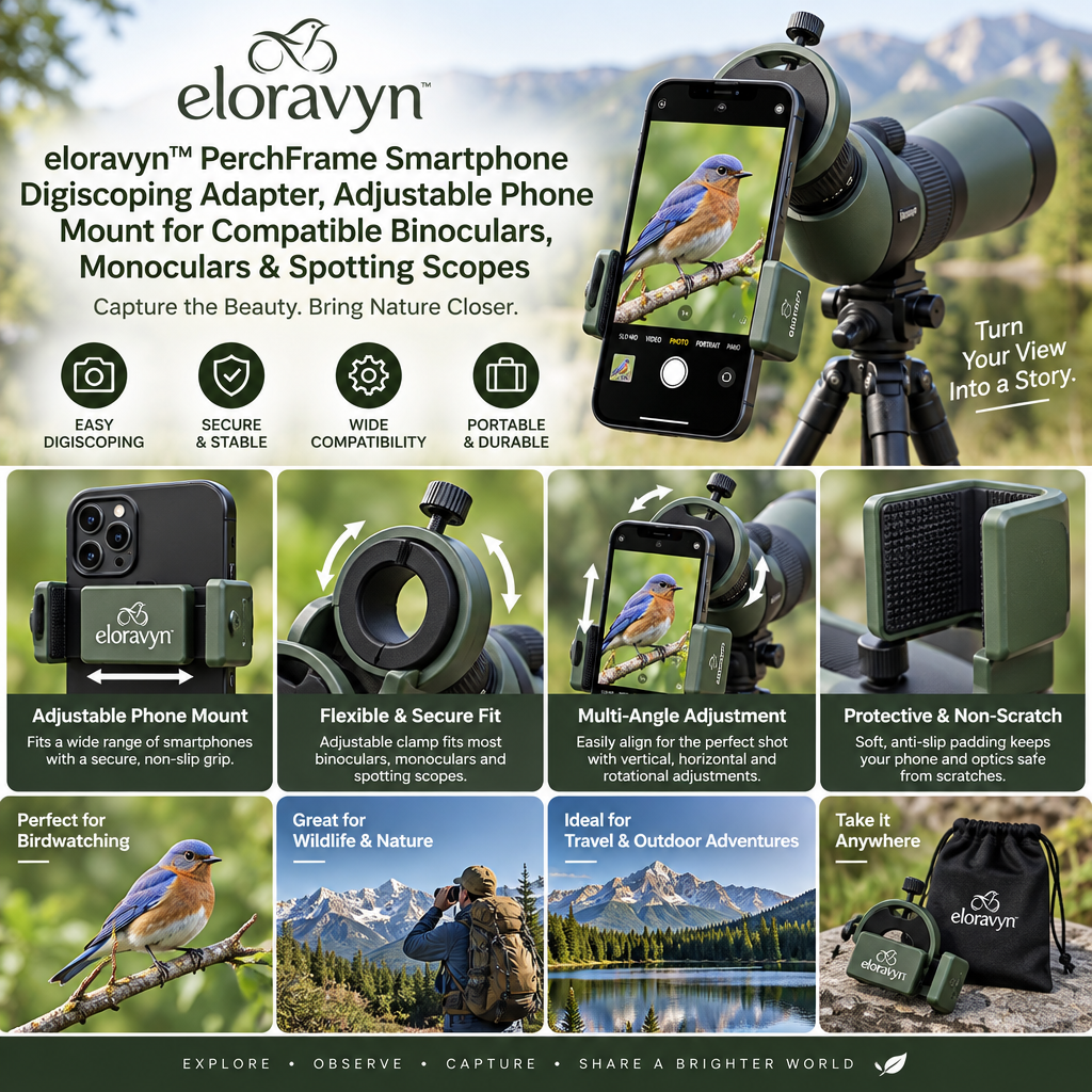 eloravyn™ PerchFrame Smartphone Digiscoping Adapter, Adjustable Phone Mount for Compatible Binoculars, Monoculars & Spotting Scopes
