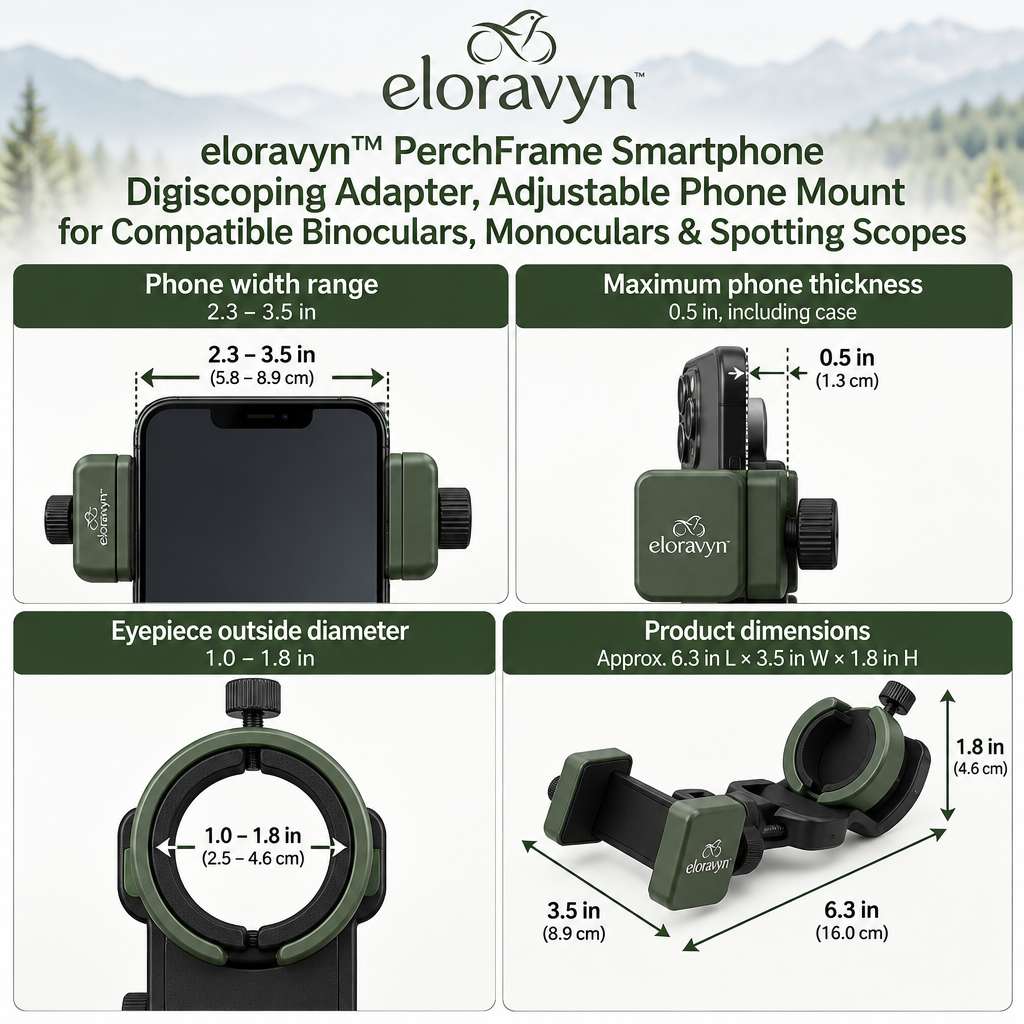 eloravyn™ PerchFrame Smartphone Digiscoping Adapter, Adjustable Phone Mount for Compatible Binoculars, Monoculars & Spotting Scopes