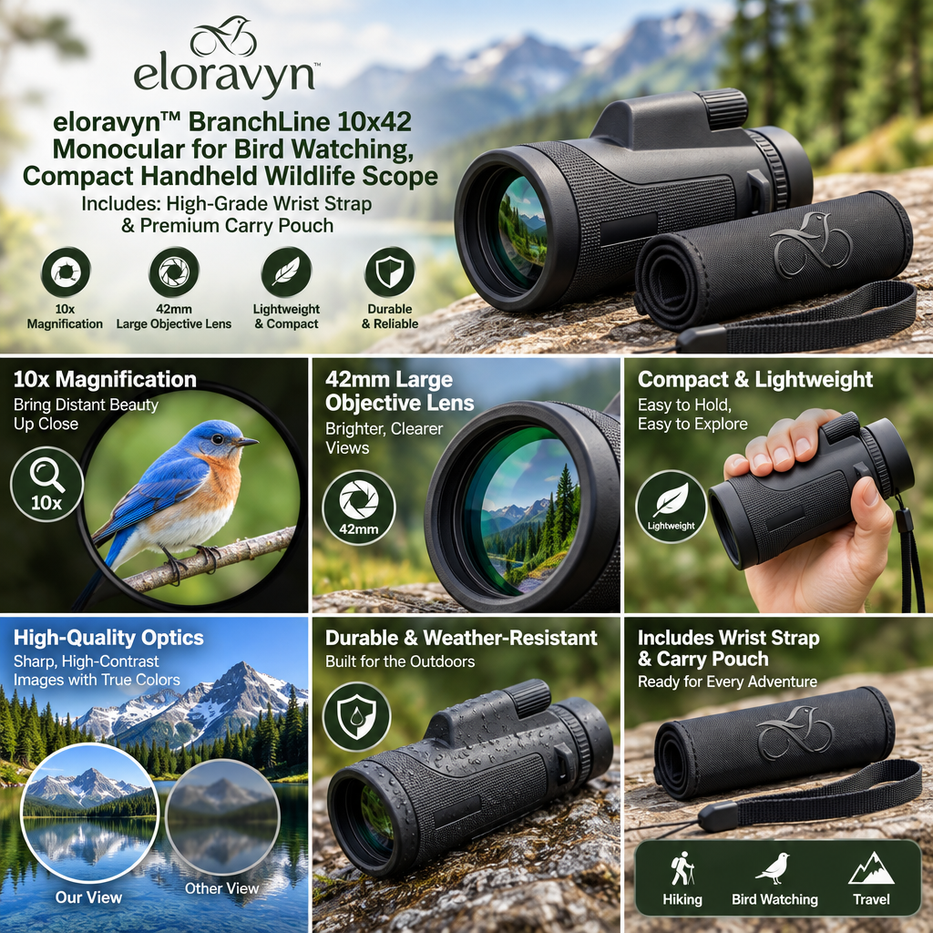eloravyn™ BranchLine 10x42 Monocular for Bird Watching, Compact Handheld Wildlife Scope with Wrist Strap & Carry Pouch