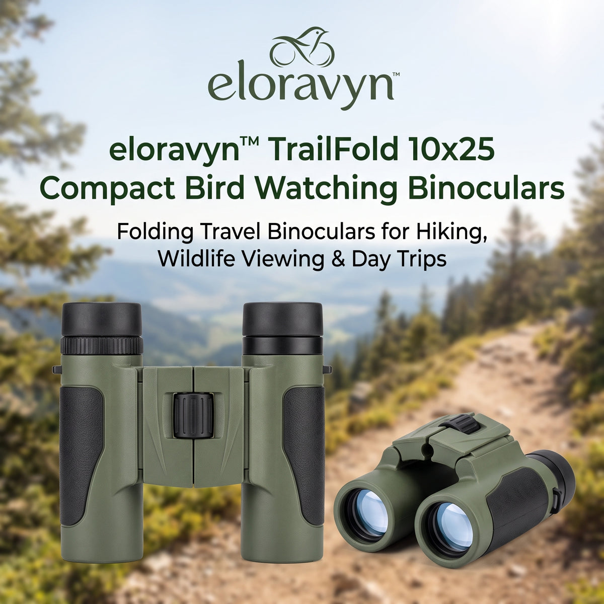 eloravyn™ TrailFold 10x25 Compact Bird Watching Binoculars, Folding Travel Binoculars for Hiking, Wildlife Viewing & Day Trips