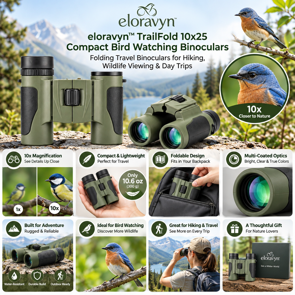 eloravyn™ TrailFold 10x25 Compact Bird Watching Binoculars, Folding Travel Binoculars for Hiking, Wildlife Viewing & Day Trips