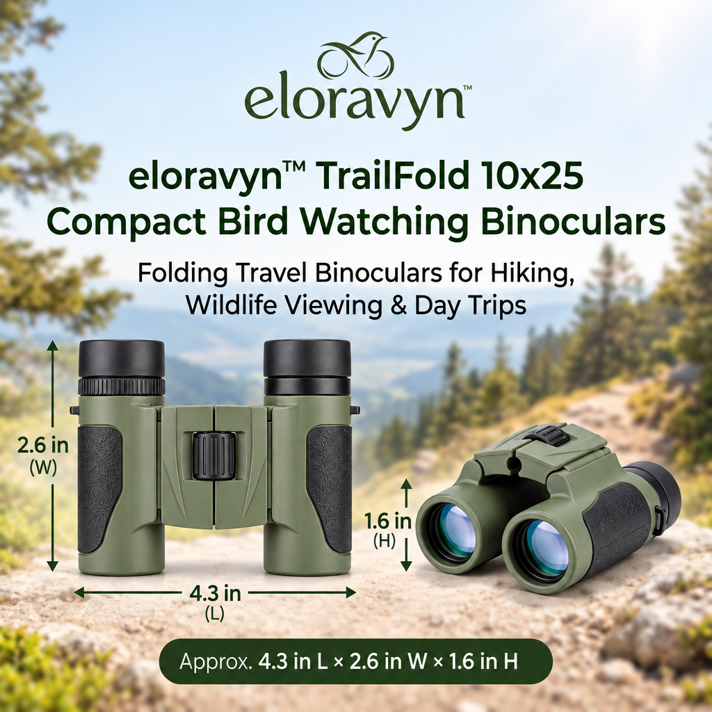 eloravyn™ TrailFold 10x25 Compact Bird Watching Binoculars, Folding Travel Binoculars for Hiking, Wildlife Viewing & Day Trips