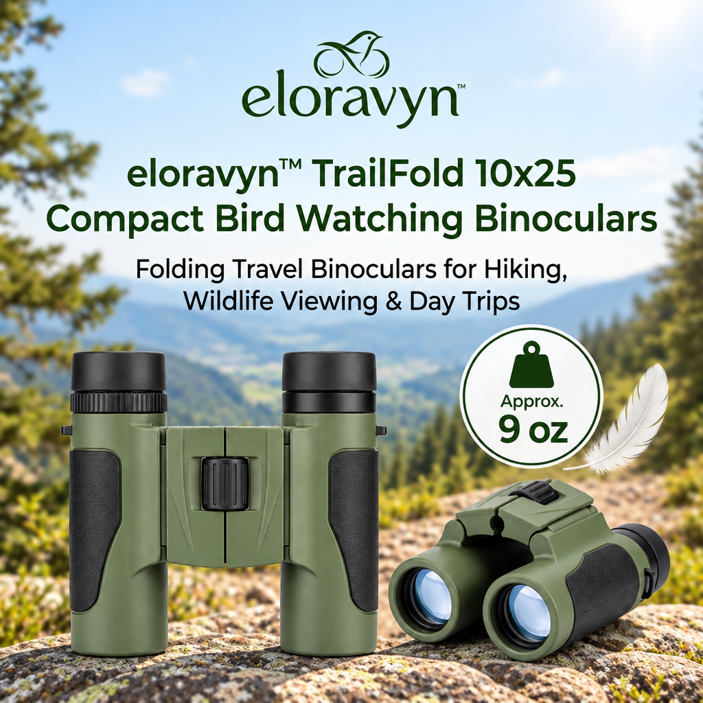 eloravyn™ TrailFold 10x25 Compact Bird Watching Binoculars, Folding Travel Binoculars for Hiking, Wildlife Viewing & Day Trips