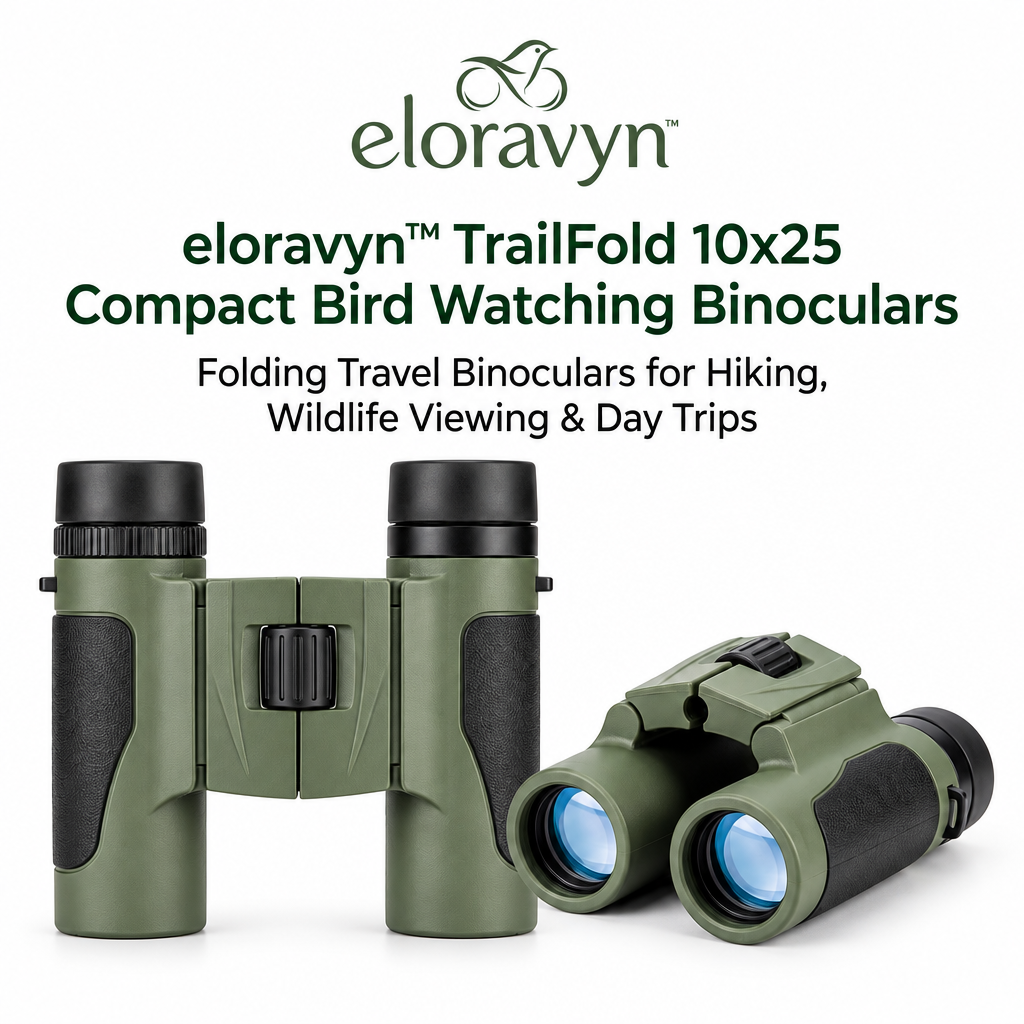 eloravyn™ TrailFold 10x25 Compact Bird Watching Binoculars, Folding Travel Binoculars for Hiking, Wildlife Viewing & Day Trips