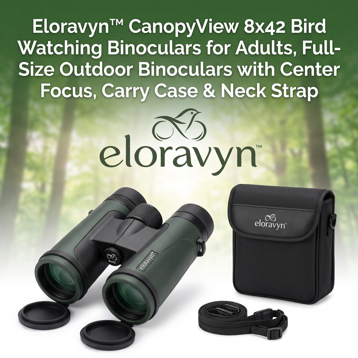 eloravyn™ CanopyView 8x42 Bird Watching Binoculars for Adults, Full-Size Outdoor Binoculars with Center Focus, Carry Case & Neck Strap