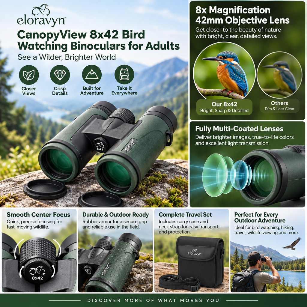 eloravyn™ CanopyView 8x42 Bird Watching Binoculars for Adults, Full-Size Outdoor Binoculars with Center Focus, Carry Case & Neck Strap