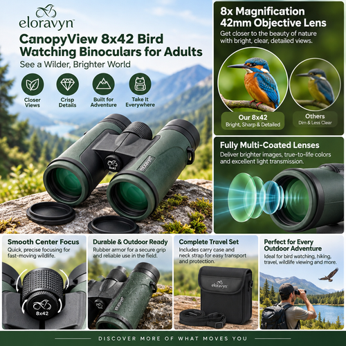 eloravyn™ CanopyView 8x42 Bird Watching Binoculars for Adults, Full-Size Outdoor Binoculars with Center Focus, Carry Case & Neck Strap