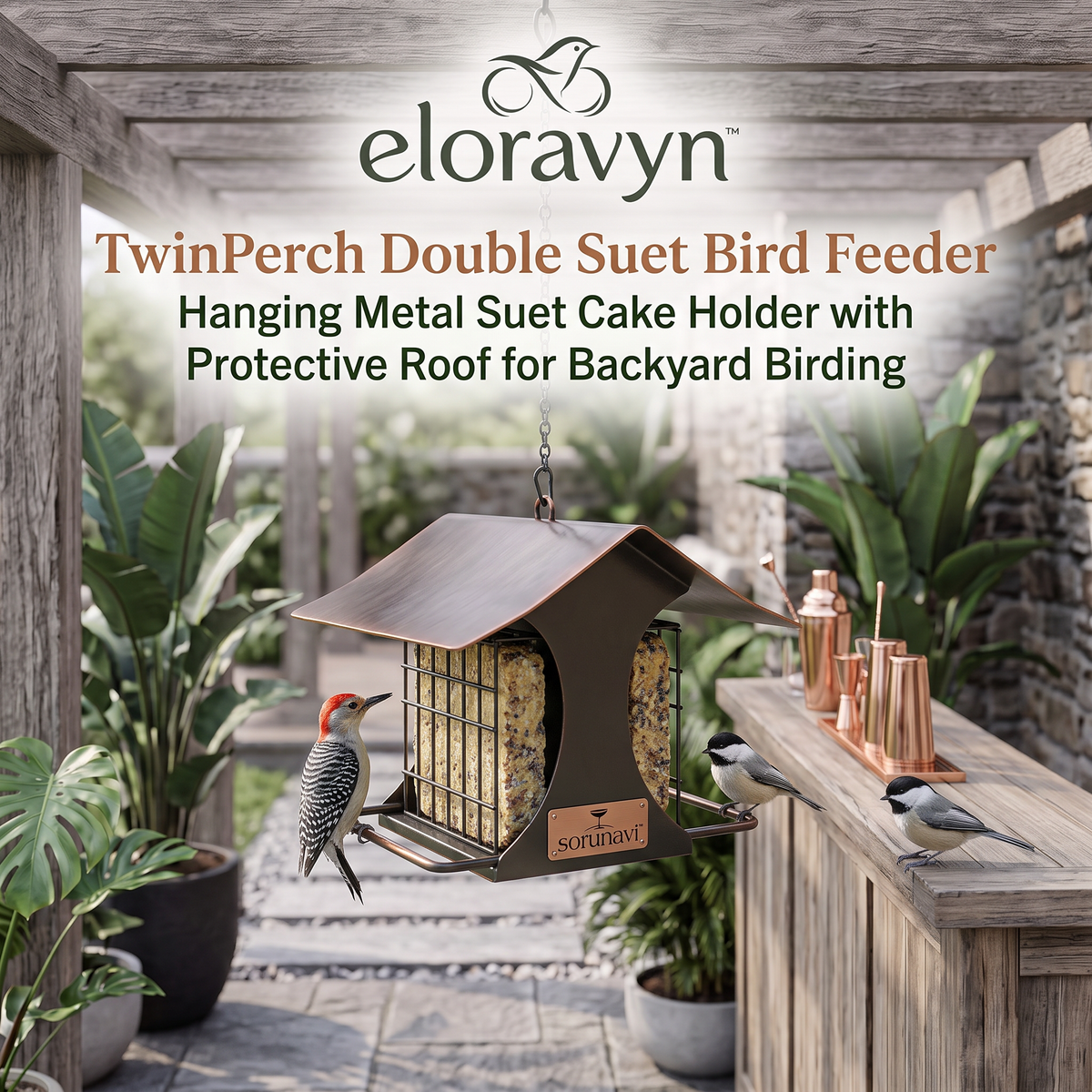 eloravyn™ TwinPerch Double Suet Bird Feeder, Hanging Metal Suet Cake Holder with Protective Roof for Backyard Birding