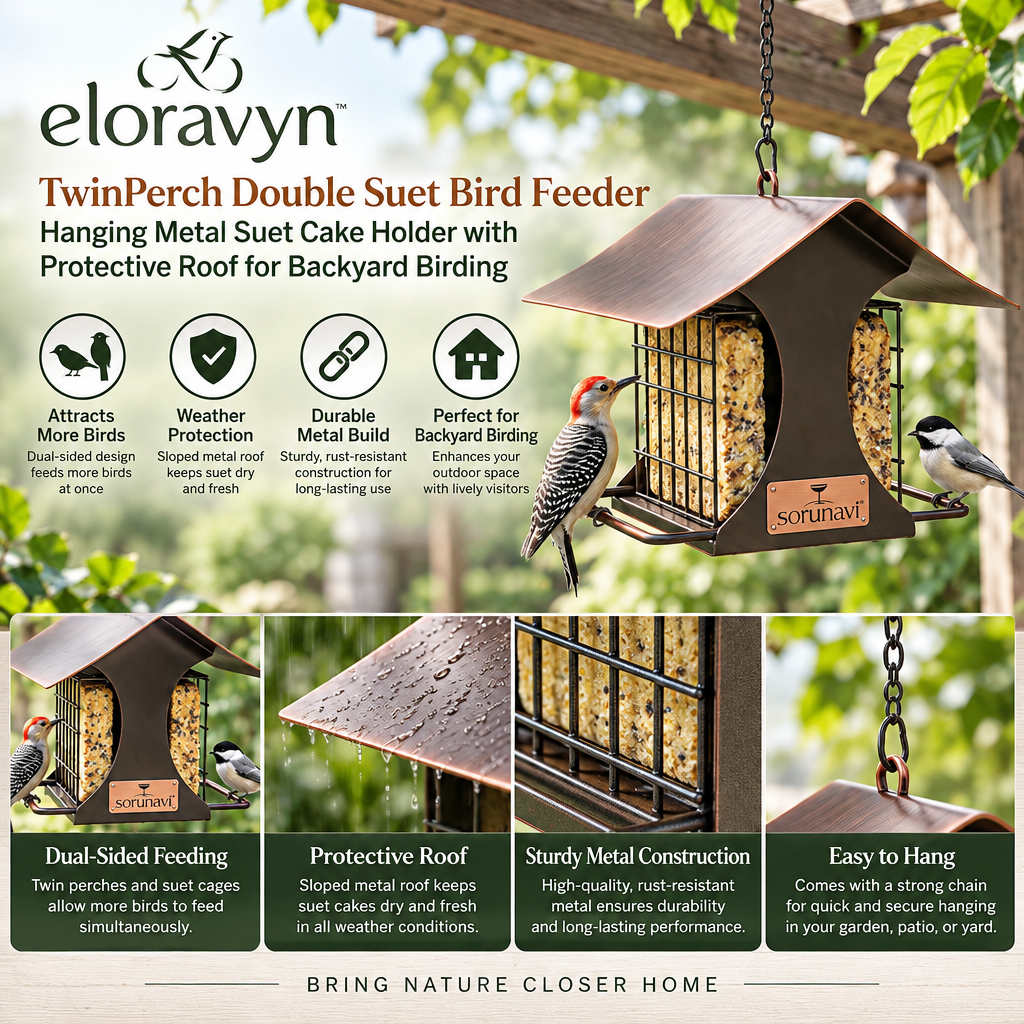 eloravyn™ TwinPerch Double Suet Bird Feeder, Hanging Metal Suet Cake Holder with Protective Roof for Backyard Birding