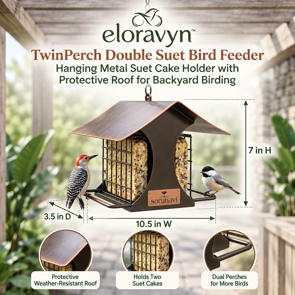 eloravyn™ TwinPerch Double Suet Bird Feeder, Hanging Metal Suet Cake Holder with Protective Roof for Backyard Birding