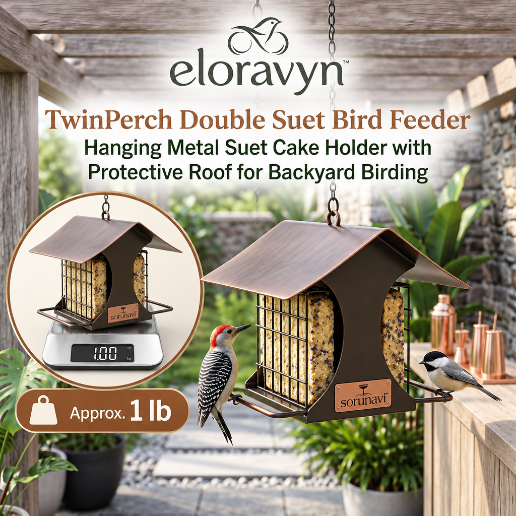 eloravyn™ TwinPerch Double Suet Bird Feeder, Hanging Metal Suet Cake Holder with Protective Roof for Backyard Birding