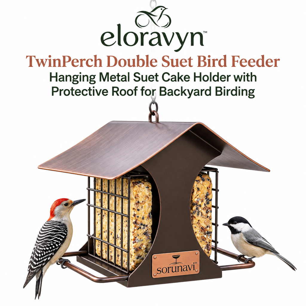 eloravyn™ TwinPerch Double Suet Bird Feeder, Hanging Metal Suet Cake Holder with Protective Roof for Backyard Birding