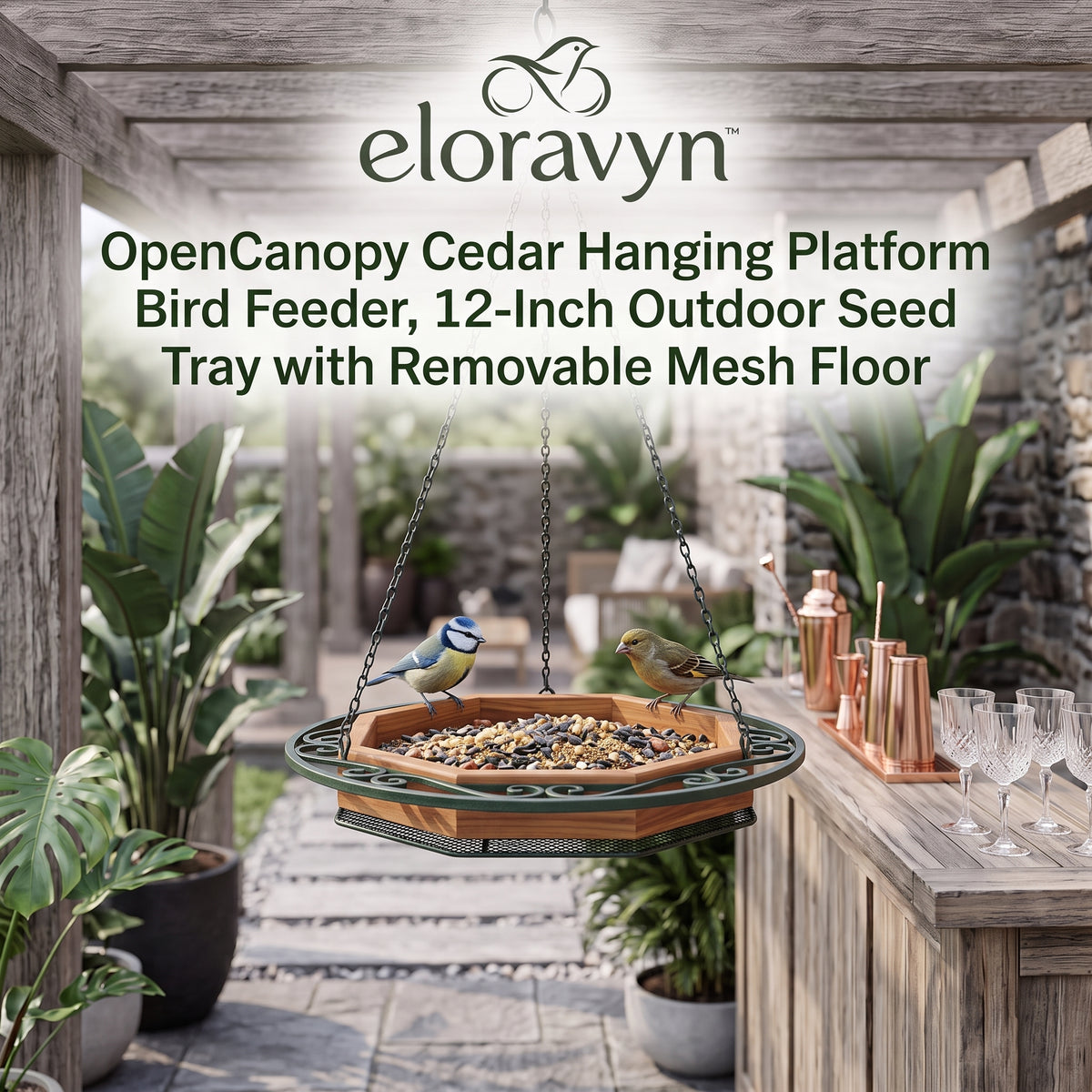 eloravyn™ OpenCanopy Cedar Hanging Platform Bird Feeder, 12-Inch Outdoor Seed Tray with Removable Mesh Floor