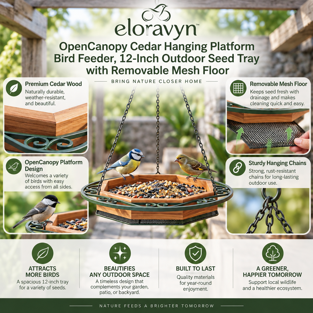 eloravyn™ OpenCanopy Cedar Hanging Platform Bird Feeder, 12-Inch Outdoor Seed Tray with Removable Mesh Floor