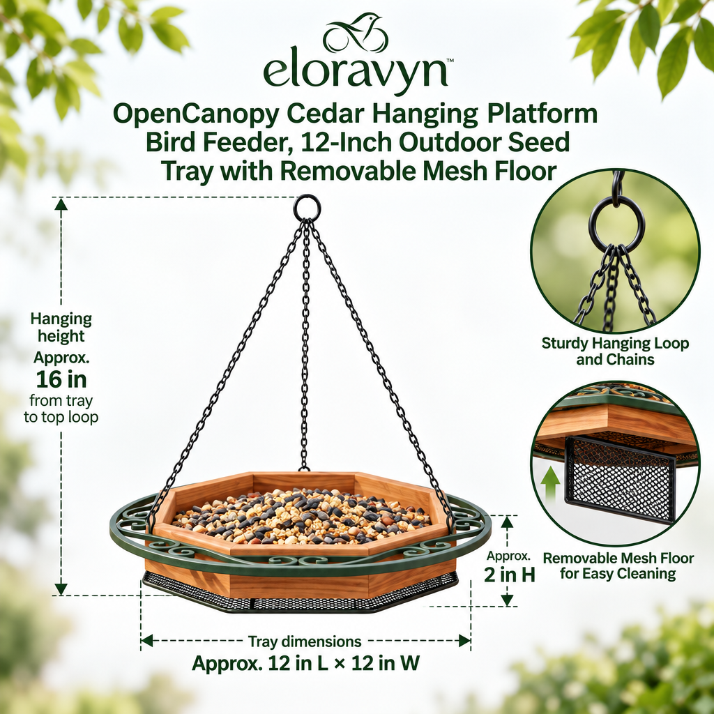 eloravyn™ OpenCanopy Cedar Hanging Platform Bird Feeder, 12-Inch Outdoor Seed Tray with Removable Mesh Floor