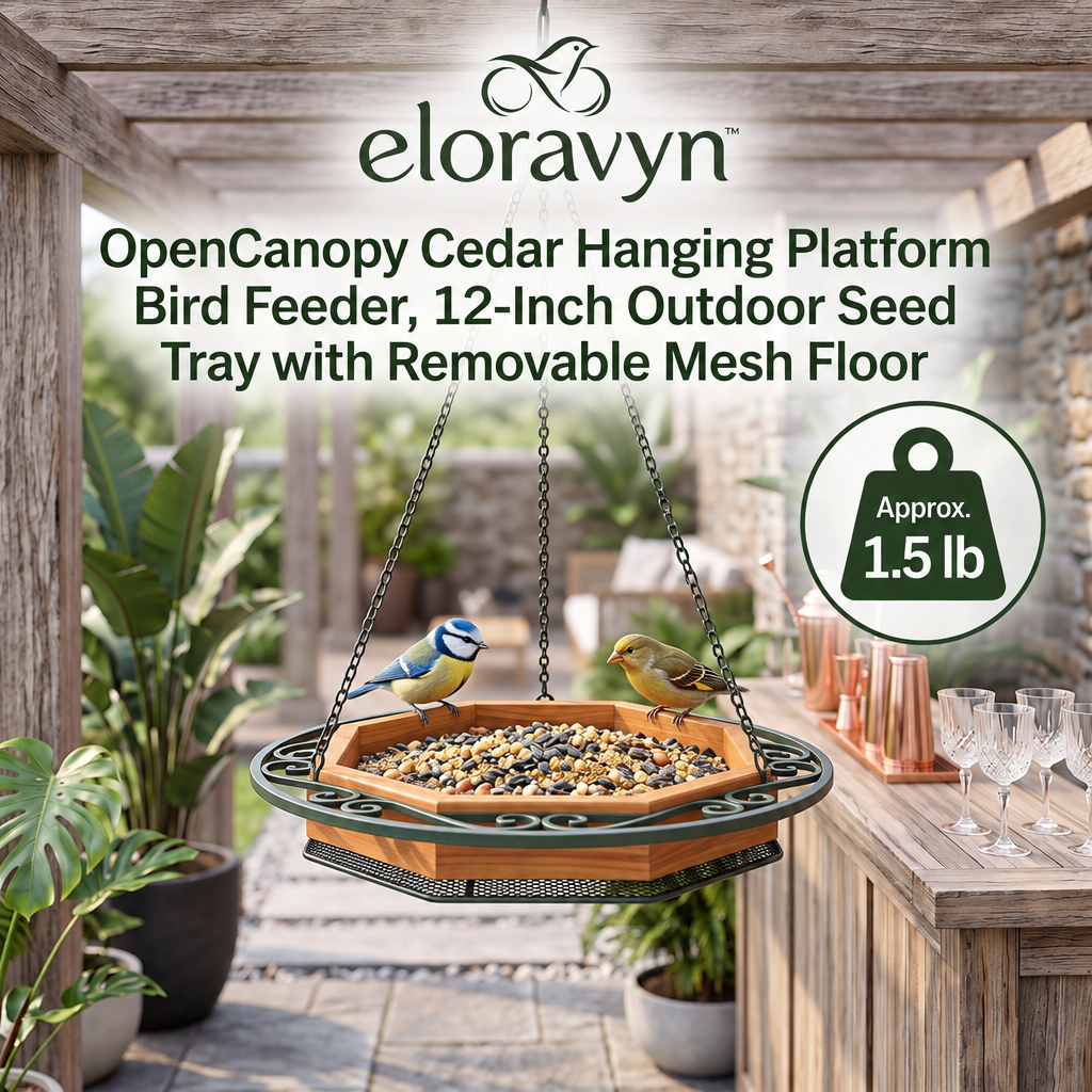 eloravyn™ OpenCanopy Cedar Hanging Platform Bird Feeder, 12-Inch Outdoor Seed Tray with Removable Mesh Floor