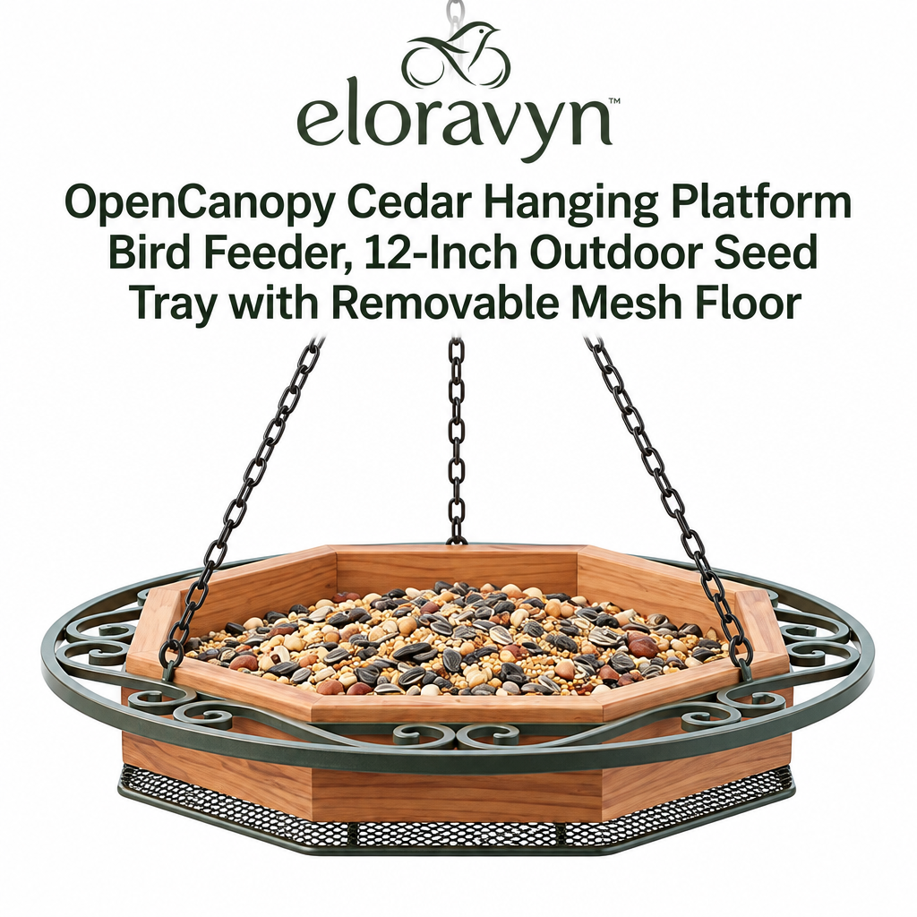 eloravyn™ OpenCanopy Cedar Hanging Platform Bird Feeder, 12-Inch Outdoor Seed Tray with Removable Mesh Floor