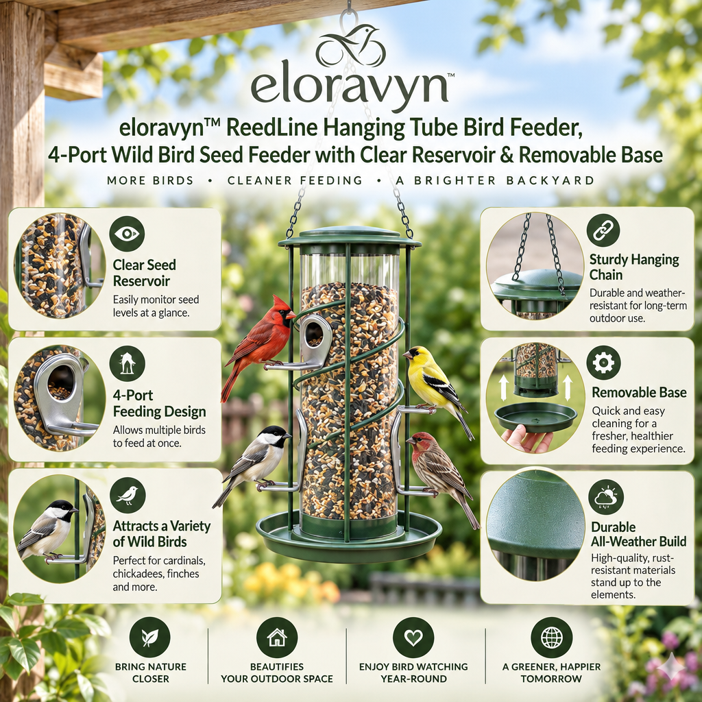 eloravyn™ ReedLine Hanging Tube Bird Feeder, 4-Port Wild Bird Seed Feeder with Clear Reservoir & Removable Base