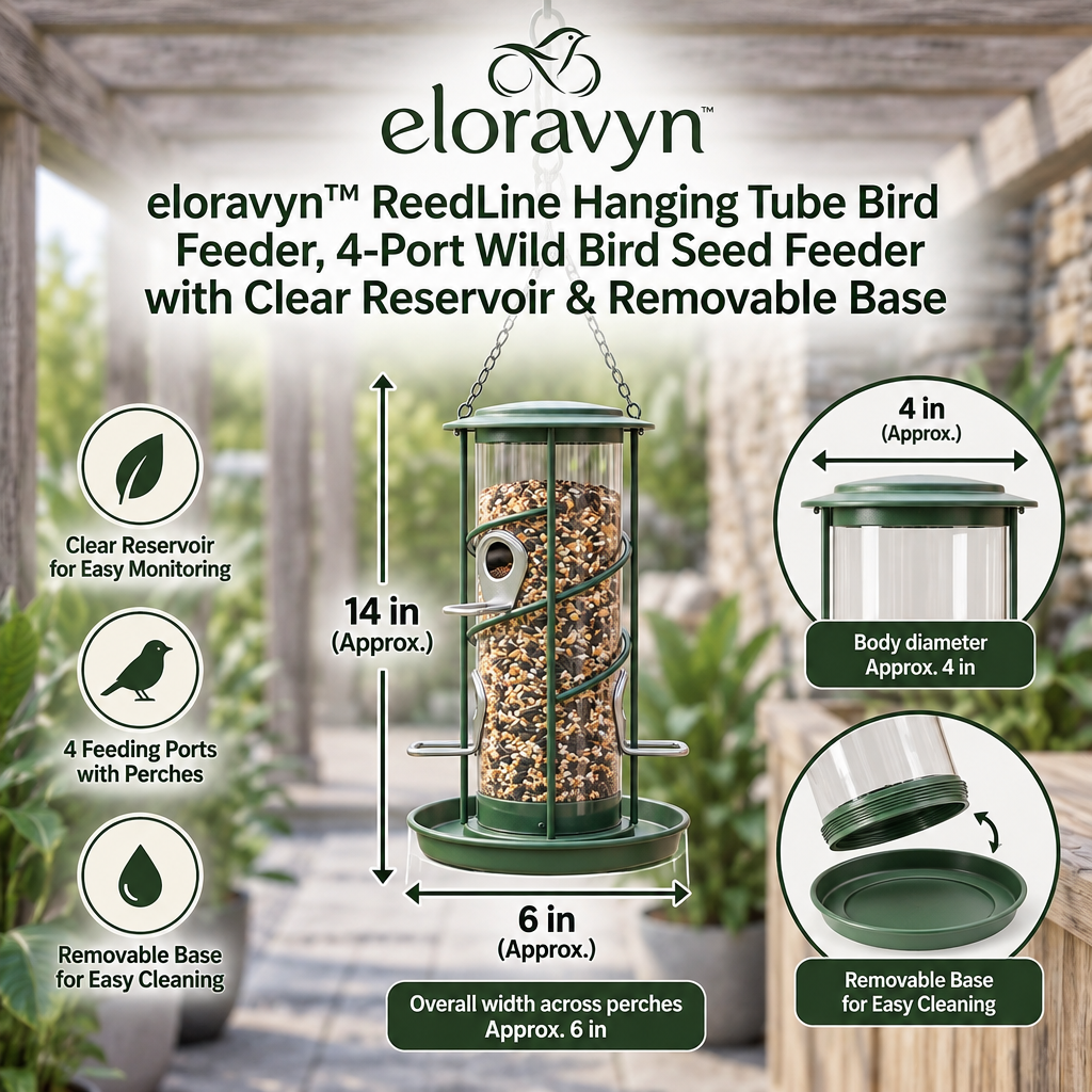 eloravyn™ ReedLine Hanging Tube Bird Feeder, 4-Port Wild Bird Seed Feeder with Clear Reservoir & Removable Base