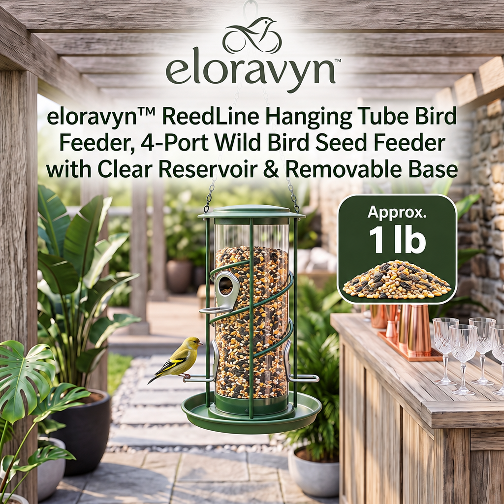 eloravyn™ ReedLine Hanging Tube Bird Feeder, 4-Port Wild Bird Seed Feeder with Clear Reservoir & Removable Base