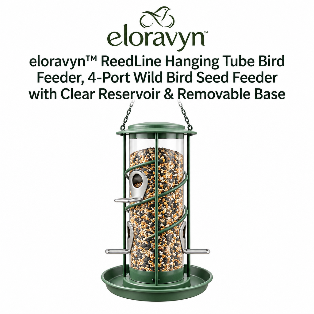 eloravyn™ ReedLine Hanging Tube Bird Feeder, 4-Port Wild Bird Seed Feeder with Clear Reservoir & Removable Base