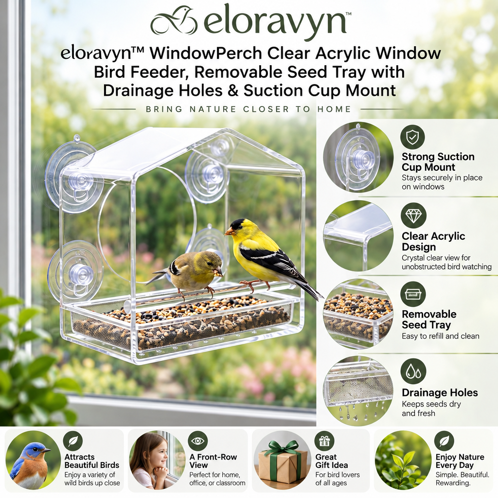 eloravyn™ WindowPerch Clear Acrylic Window Bird Feeder, Removable Seed Tray with Drainage Holes & Suction Cup Mount