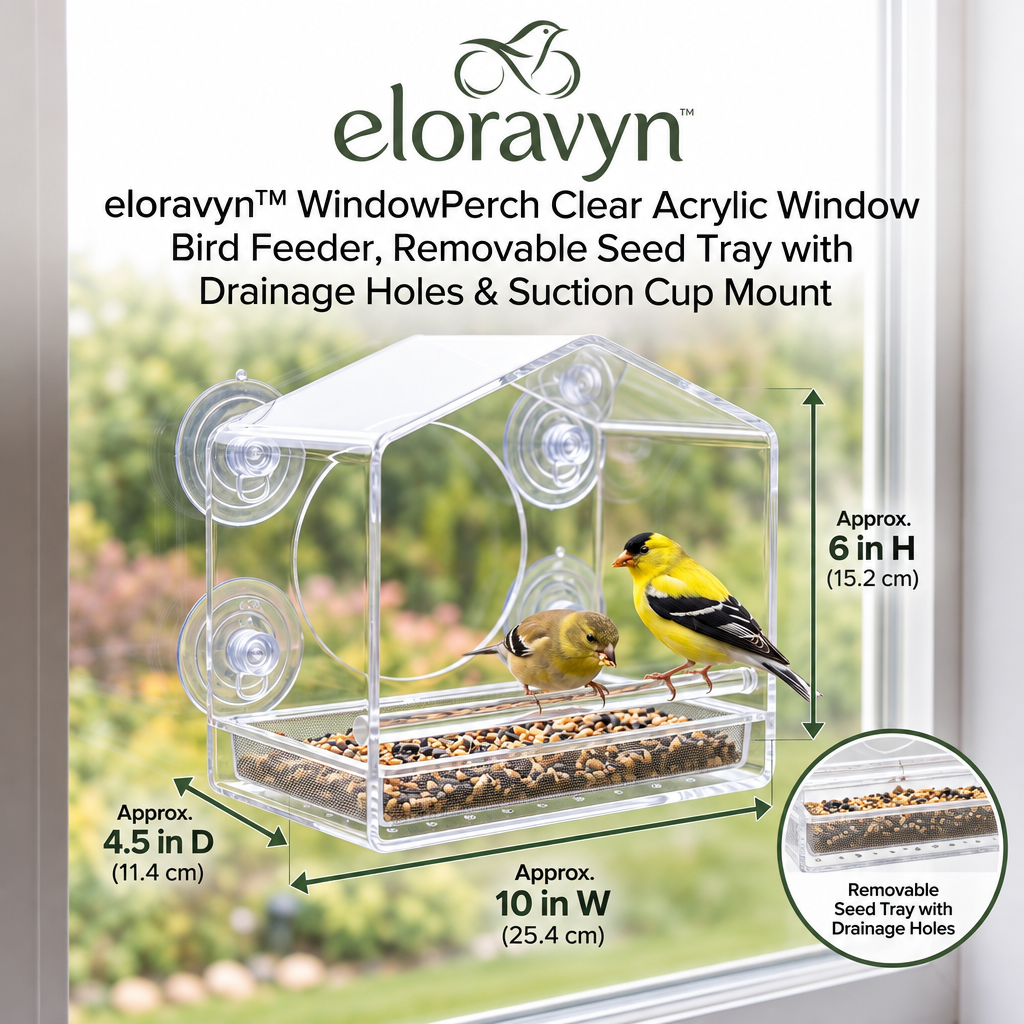 eloravyn™ WindowPerch Clear Acrylic Window Bird Feeder, Removable Seed Tray with Drainage Holes & Suction Cup Mount