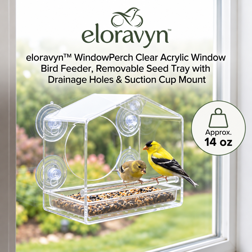 eloravyn™ WindowPerch Clear Acrylic Window Bird Feeder, Removable Seed Tray with Drainage Holes & Suction Cup Mount