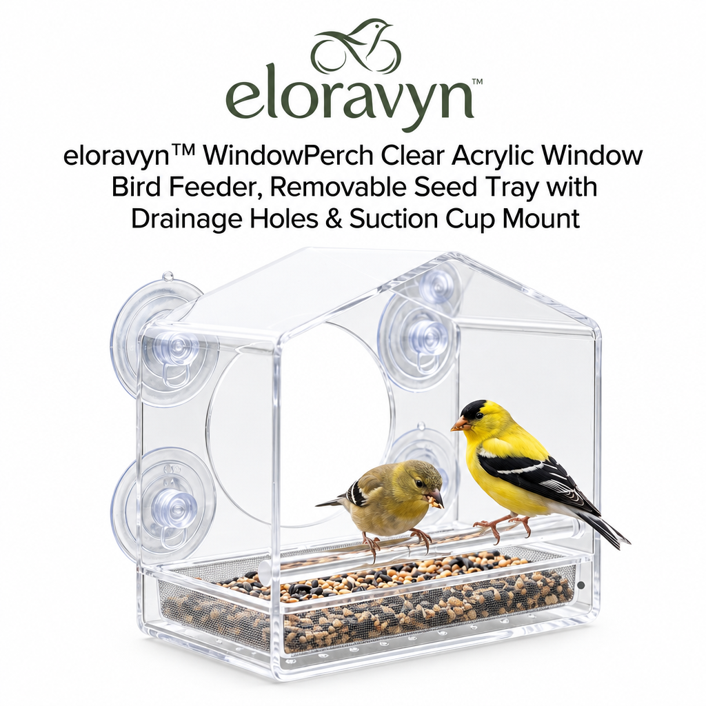 eloravyn™ WindowPerch Clear Acrylic Window Bird Feeder, Removable Seed Tray with Drainage Holes & Suction Cup Mount