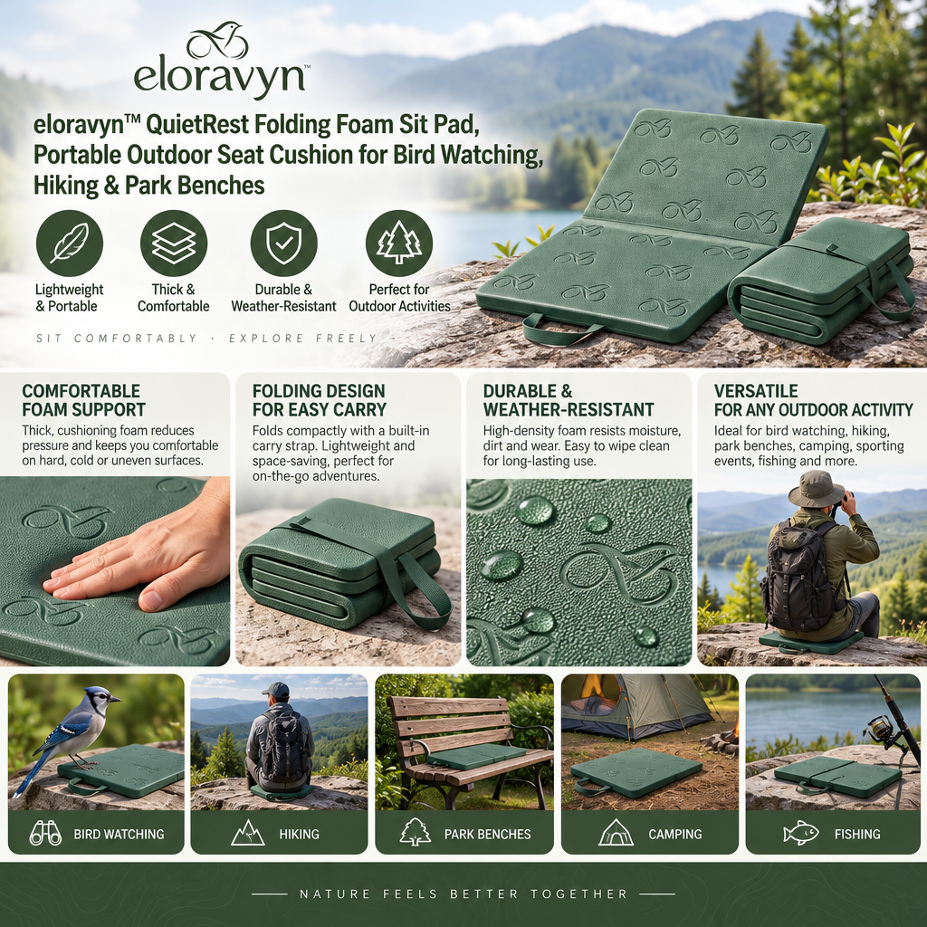 eloravyn™ QuietRest Folding Foam Sit Pad, Portable Outdoor Seat Cushion for Bird Watching, Hiking & Park Benches