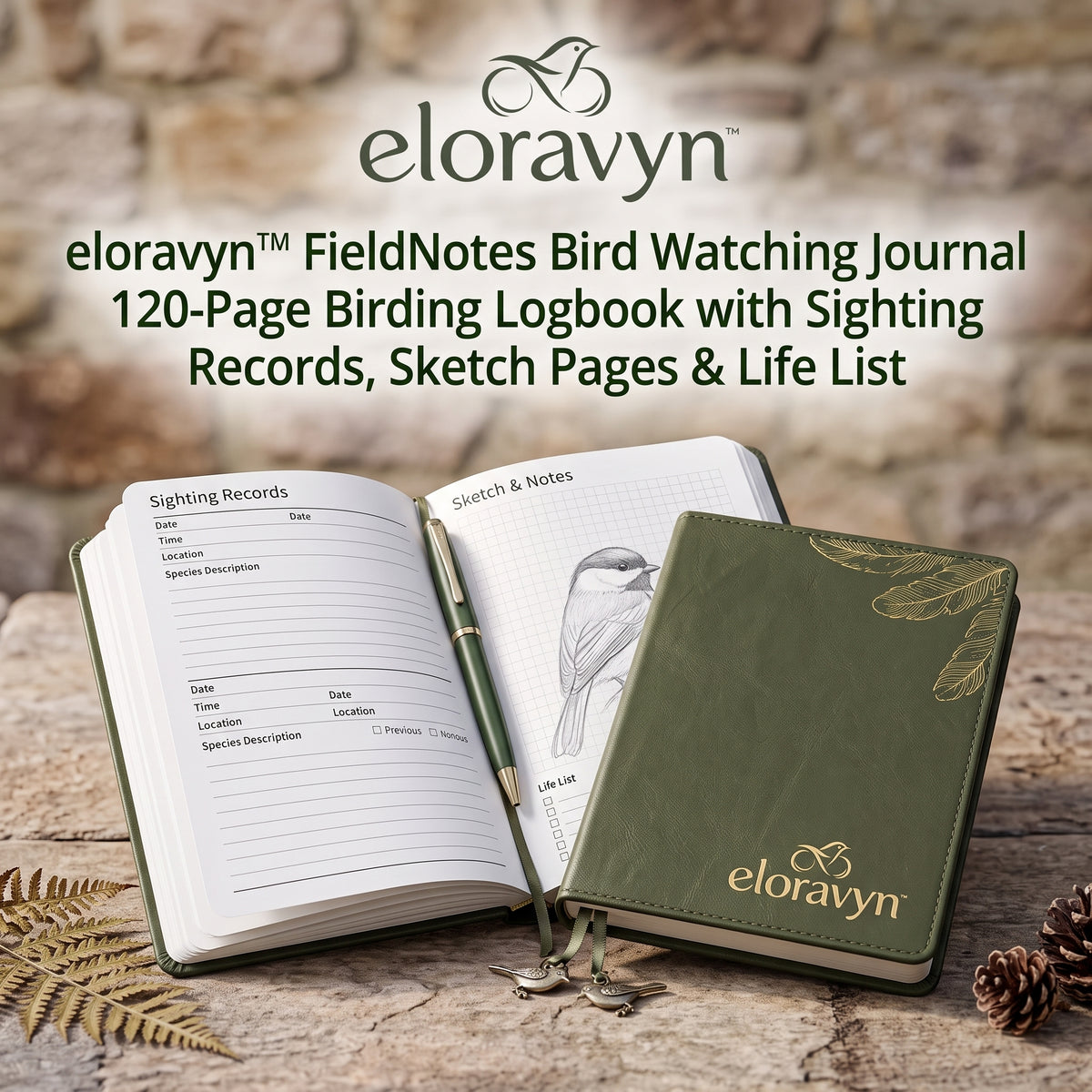 eloravyn™ FieldNotes Bird Watching Journal, 120-Page Birding Logbook with Sighting Records, Sketch Pages & Life List