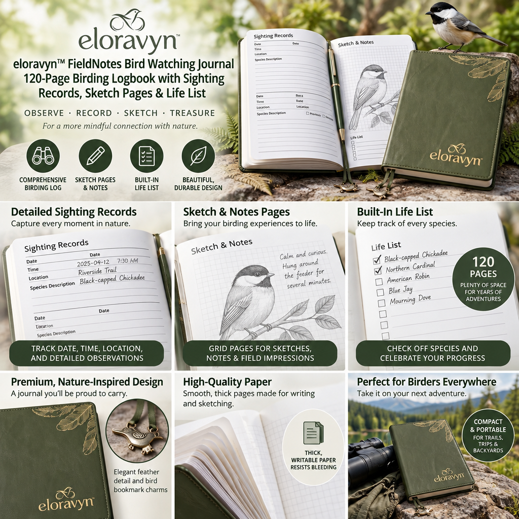 eloravyn™ FieldNotes Bird Watching Journal, 120-Page Birding Logbook with Sighting Records, Sketch Pages & Life List