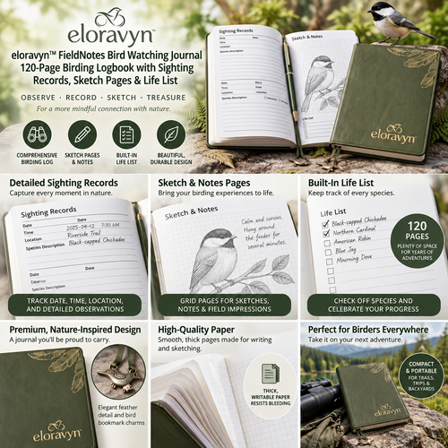 eloravyn™ FieldNotes Bird Watching Journal, 120-Page Birding Logbook with Sighting Records, Sketch Pages & Life List