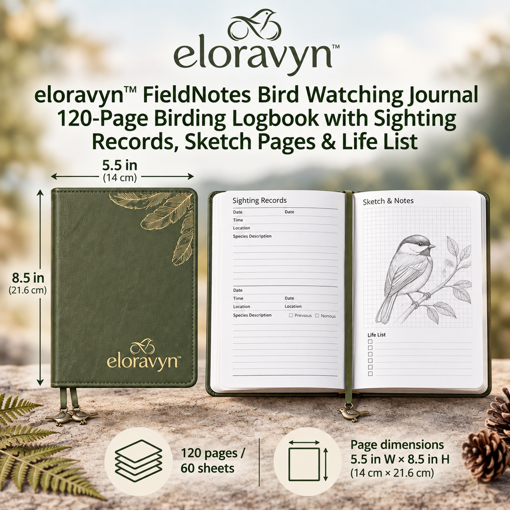 eloravyn™ FieldNotes Bird Watching Journal, 120-Page Birding Logbook with Sighting Records, Sketch Pages & Life List