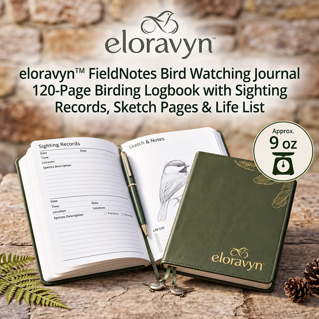 eloravyn™ FieldNotes Bird Watching Journal, 120-Page Birding Logbook with Sighting Records, Sketch Pages & Life List
