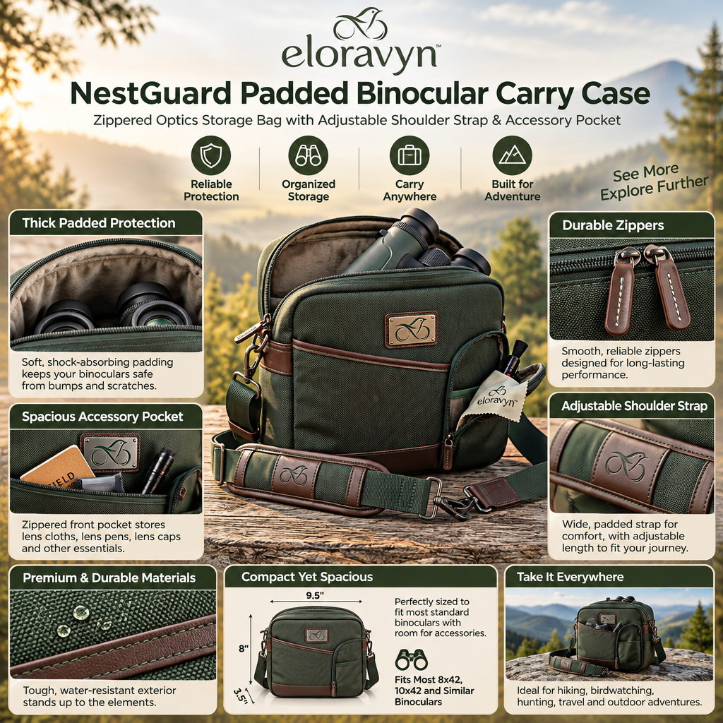 eloravyn™ NestGuard Padded Binocular Carry Case, Zippered Optics Storage Bag with Adjustable Shoulder Strap & Accessory Pocket
