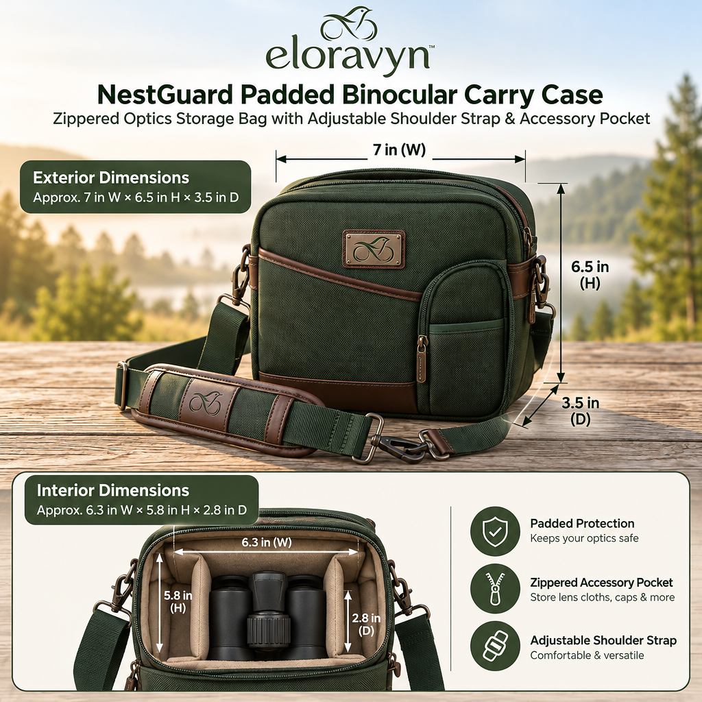 eloravyn™ NestGuard Padded Binocular Carry Case, Zippered Optics Storage Bag with Adjustable Shoulder Strap & Accessory Pocket